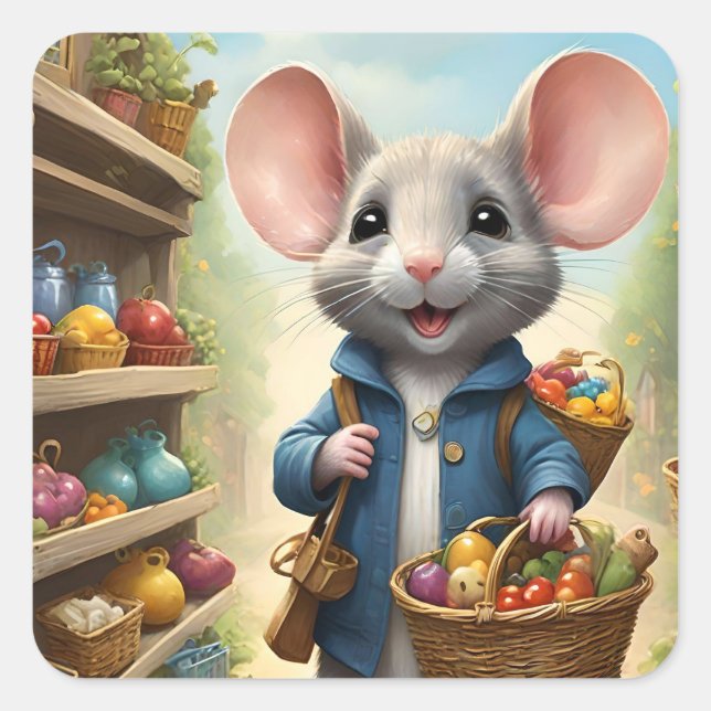 Very cute mouse shopping. square sticker (Front)