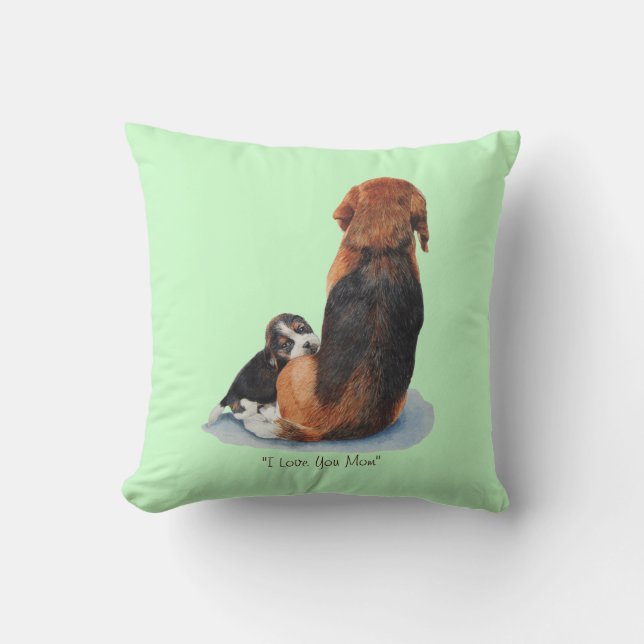 very cute puppy beagle cuddling mum dog cushion (Front)