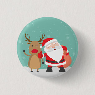 Very Cute Santa Claus and Reindeer Pin Button