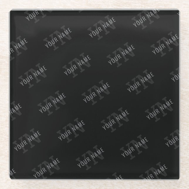 Very Dark Grey & Black Monogram Name Pattern Glass Coaster (Front)