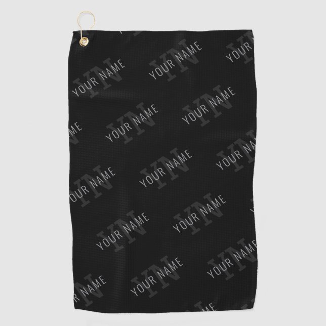 Very Dark Grey & Black Monogram Name Pattern Golf Towel (Front)