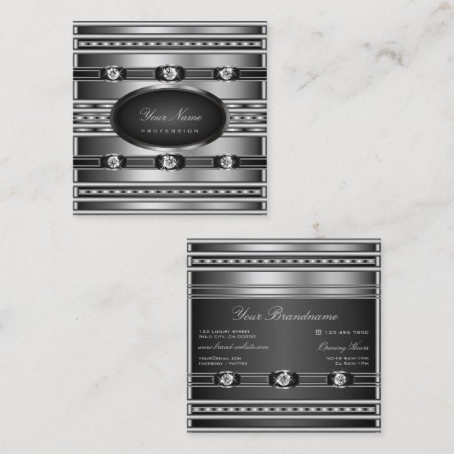 Very Elegant Black and Silver Effect with Diamonds Square Business Card (Front/Back)
