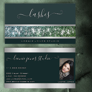 Very Elegant Dark Green Silver Glitter Photo Logo Business Card