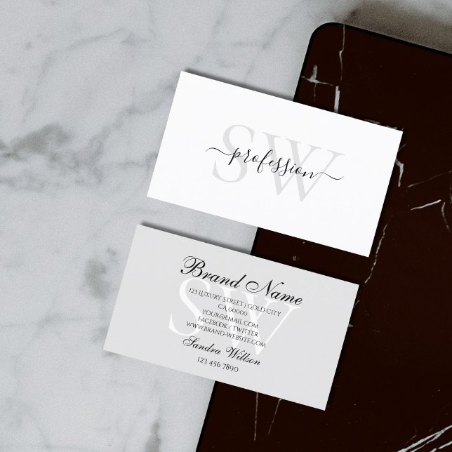 Very Elegant White Light Pastel Grey with Monogram Business Card (Creator Uploaded)