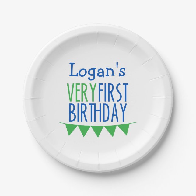Very First Birthday Bunting Blue Green Cake Plates (Front)