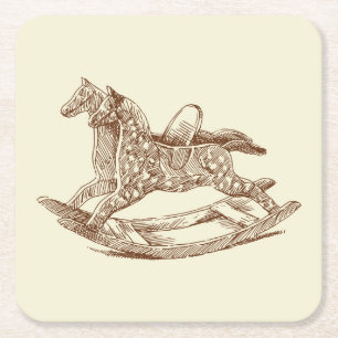 Very Fun Antique Rocking Horse Sketch Coaster Set