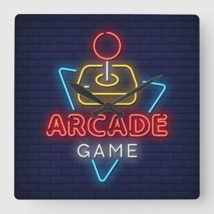 Very Fun Classic Arcade Game w/Joystick Neon Square Wall Clock