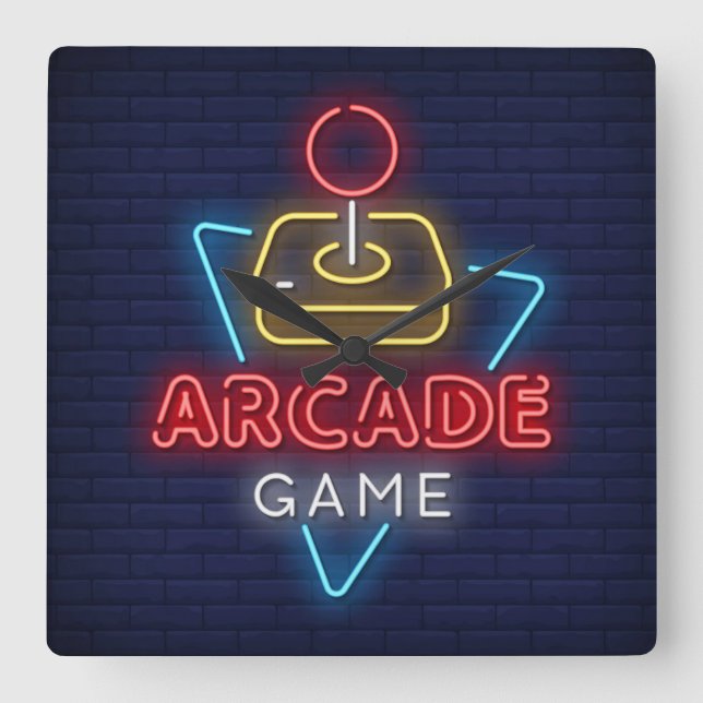 Very Fun Classic Arcade Game w/Joystick Neon Square Wall Clock (Front)