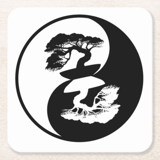 Very Fun Yin and Yang Bonsai Tree Square Paper Coaster (Front)