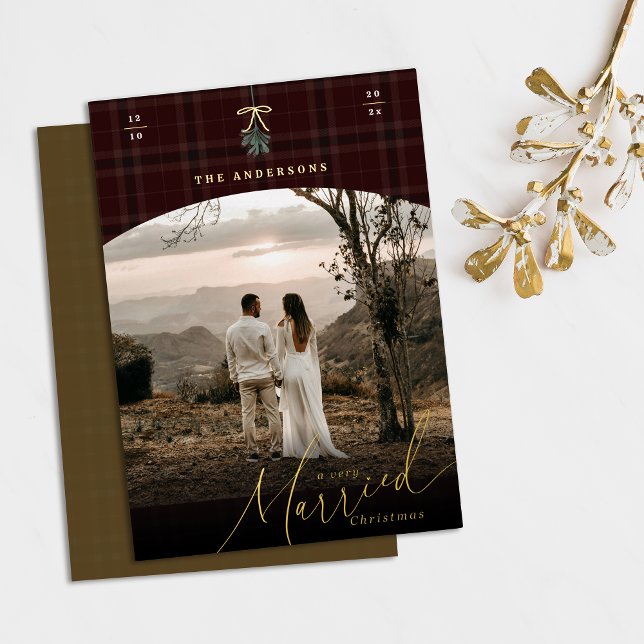 Very Married Newlywed Christmas photo Gold  Foil Holiday Card (Gold foil A very married Christmas photo Christmas card with a dark red plaid background. Arch frame)