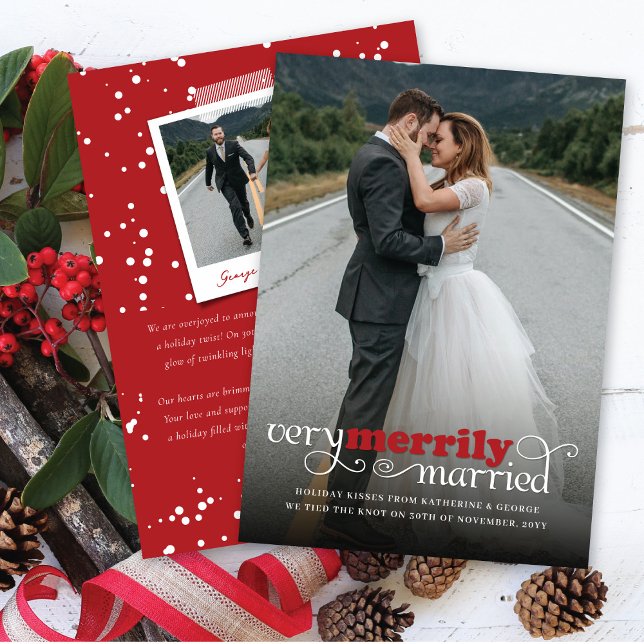 Very Merrily Married Mr & Mrs Modern Photo Wedding Holiday Card (Creator Uploaded)