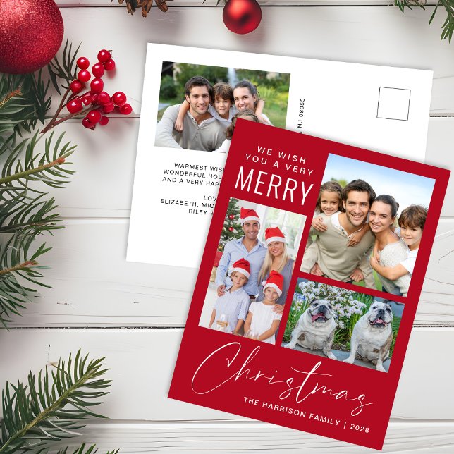 Very Merry 4 Photo Christmas Red Holiday Postcard (Creator Uploaded)