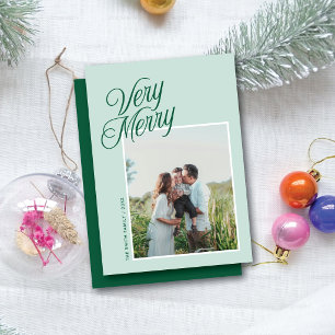 Very Merry Christmas Elegant Script One Photo Mint Holiday Card