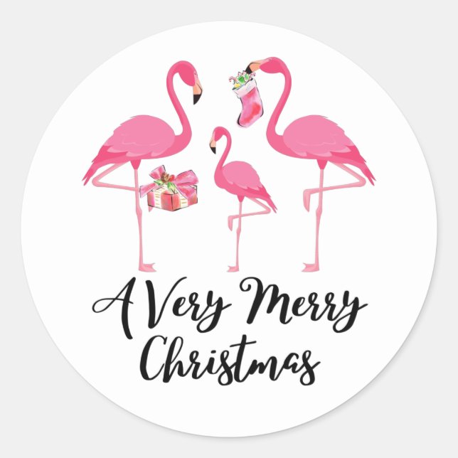 Very Merry Christmas Flamingos Holiday Classic Round Sticker (Front)