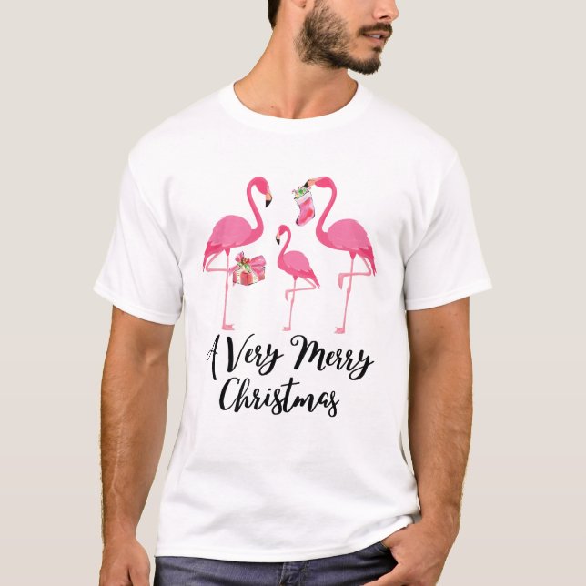 Very Merry Christmas Flamingos Holiday Greeting T-Shirt (Front)