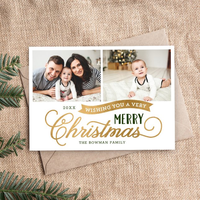Very Merry Christmas Gold 2 Photo Holiday Card (Creator Uploaded)