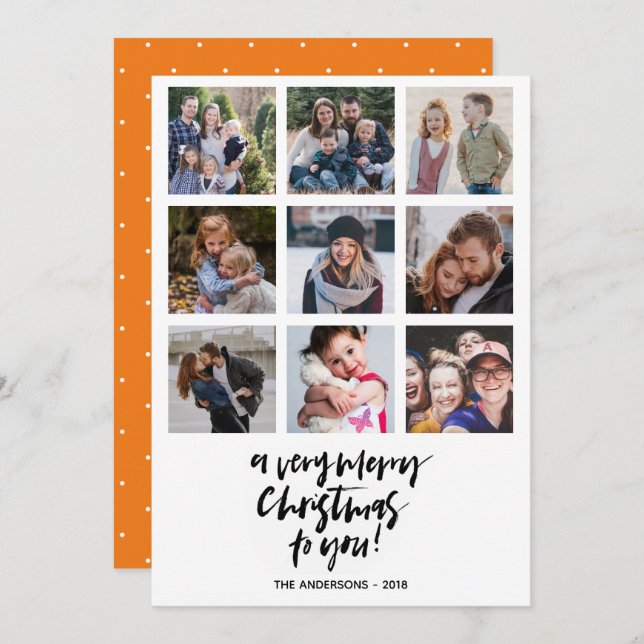 Very Merry Christmas | Orange | 9 photos collage Invitation (Front/Back)