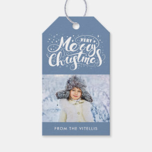 Very Merry Christmas Photo Gift Tags Slate Blue