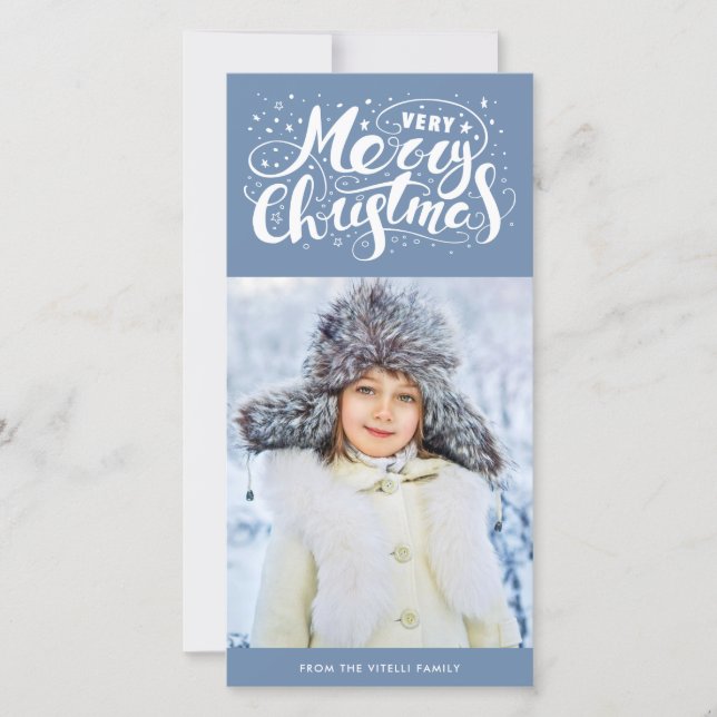 Very Merry Christmas Photocard | Slate Blue Holiday Card (Front)