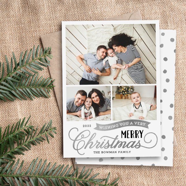 Very Merry Christmas Script 3 Photo Holiday Card (Creator Uploaded)