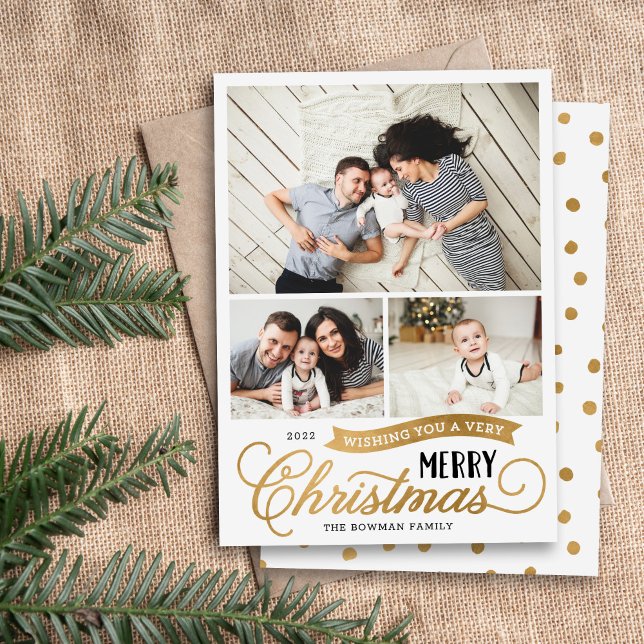 Very Merry Christmas Script 3 Photo Holiday Card (Creator Uploaded)