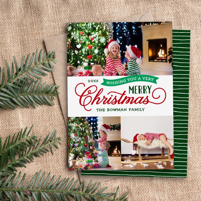 Very Merry Christmas Script 3 Photo Holiday Card (Creator Uploaded)