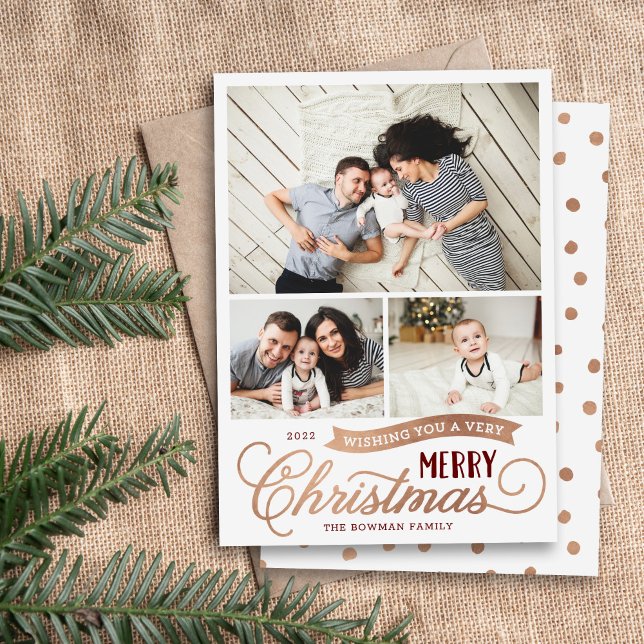 Very Merry Christmas Script 3 Photo Holiday Card (Creator Uploaded)