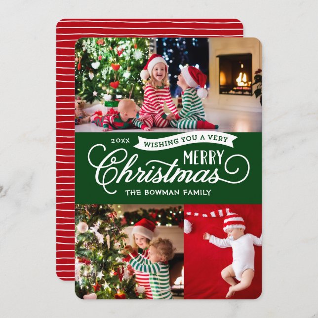 Very Merry Christmas Script 3 Photo Holiday Card (Front/Back)