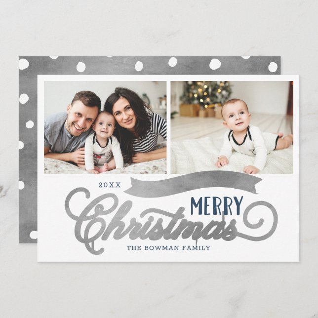 Very Merry Christmas Silver 2 Photo Holiday Card (Front/Back)