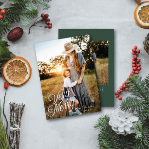 Very Merry Elegant Script Vertical Two Photo Holiday Card