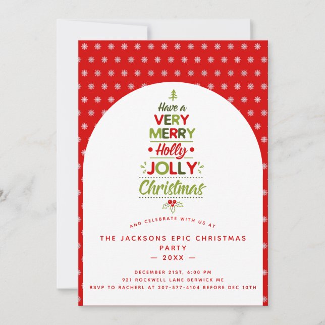 Very Merry Holly Jolly Christmas Tree Custom Text  Invitation (Front)