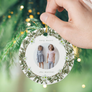 Very Merry Pine and Floral Photo Wreath Ceramic Ornament