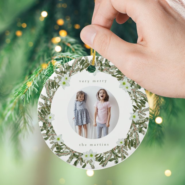 Very Merry Pine and Floral Photo Wreath Ceramic Ornament (Creator Uploaded)