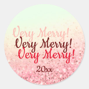 Very Merry pink light green glitter holiday gift Classic Round Sticker