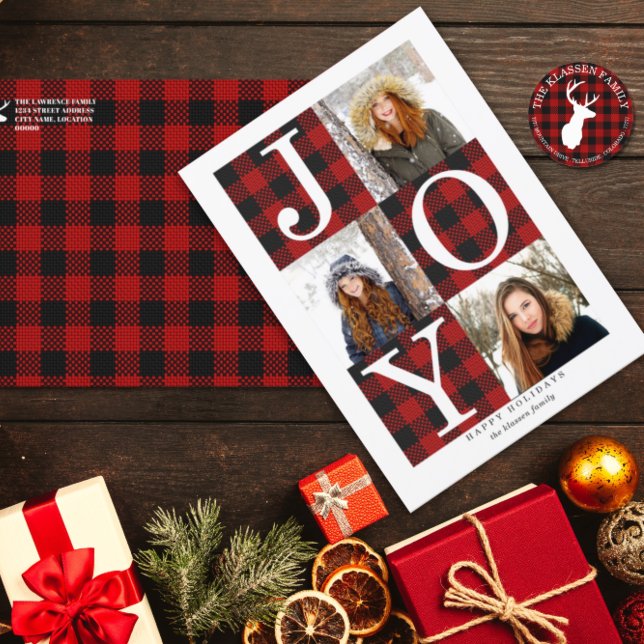 Very Merry Plaid | 3 Photo Holiday Card (Elegant buffalo plaid 3-photo Christmas holiday card.)