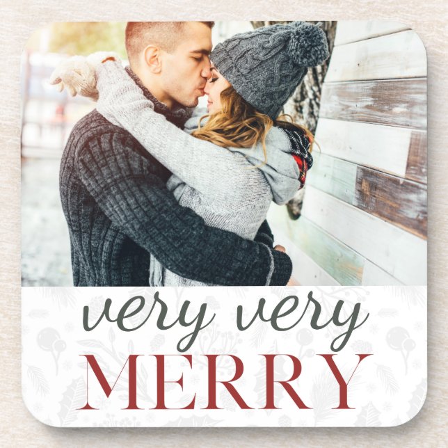 Very Merry Rustic Botanical Photo Christmas Coaster (Front)