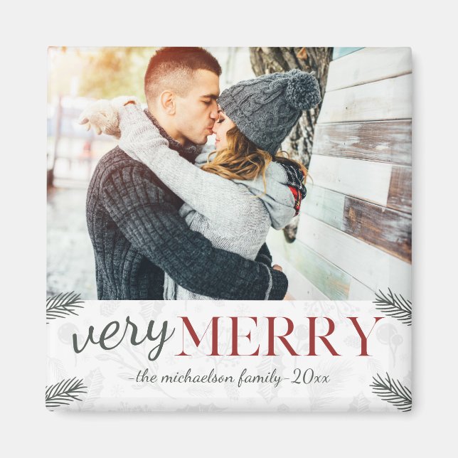 Very Merry Rustic Botanical Photo Christmas Magnet (Front)