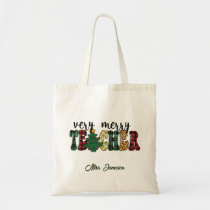 Very Merry Teacher Name Christmas Gift Tote Bag