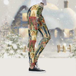 Very Old Christmas Cards Featuring Angels Collage Leggings