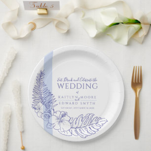 Very peri blue tropical botanica line art wedding  paper plate