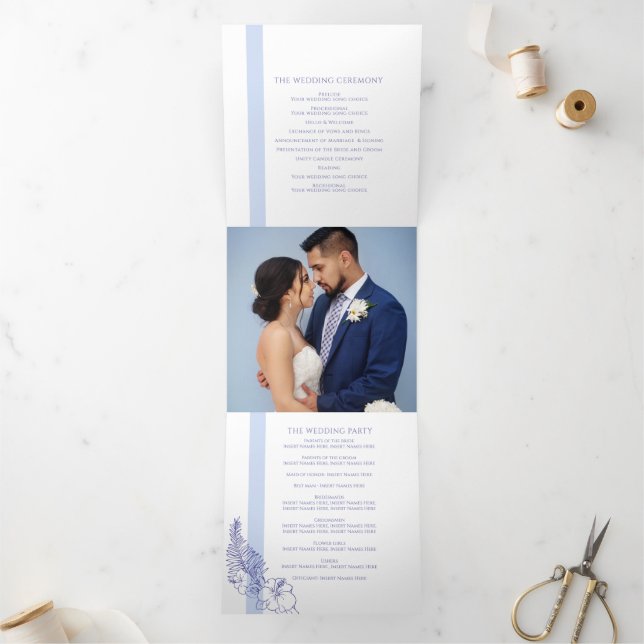Very peri blue tropical botanica line art wedding  Tri-Fold programme (Inside)