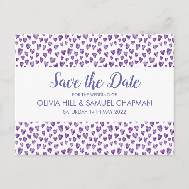 Very Peri Watercolour Heart Save the Date Card (Front)