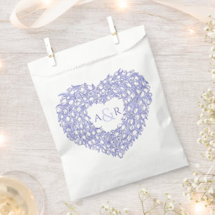 Very peri wreath heart tulips monogram wedding favour bag