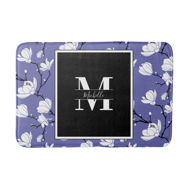 Very Periwinkle Monogrammed Magnolia Flower Bath Mat (Front)