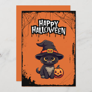 Very Scary Black Cat With Pumpkin Jack O Lantern Holiday Card