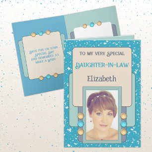 Very special daughter in law photo name turquoise card