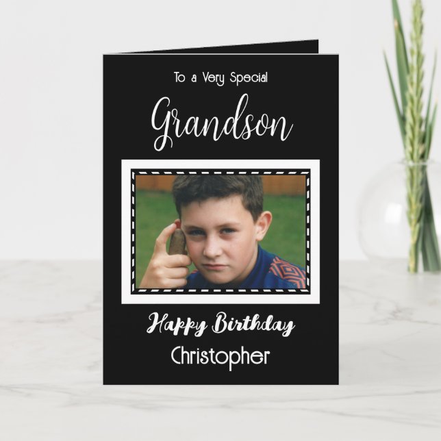 Very special Grandson photo black birthday Card (Front)