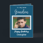 Very special Grandson photo ocean blue birthday Card<br><div class="desc">To a very special grandson.
Happy birthday.
Add a name and a photo.
Ocean blue and white.</div>