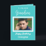 Very special Grandson photo turquoise birthday Card<br><div class="desc">To a very special grandson.
Happy birthday.
Add a name and a photo.
Turquoise and white.</div>