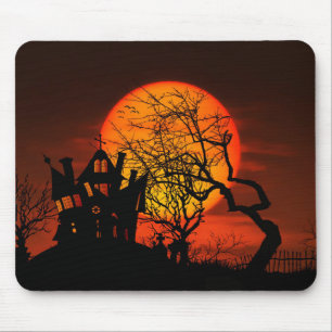 Very Spooky Halloween Scene with Giant Moon Mouse Pad